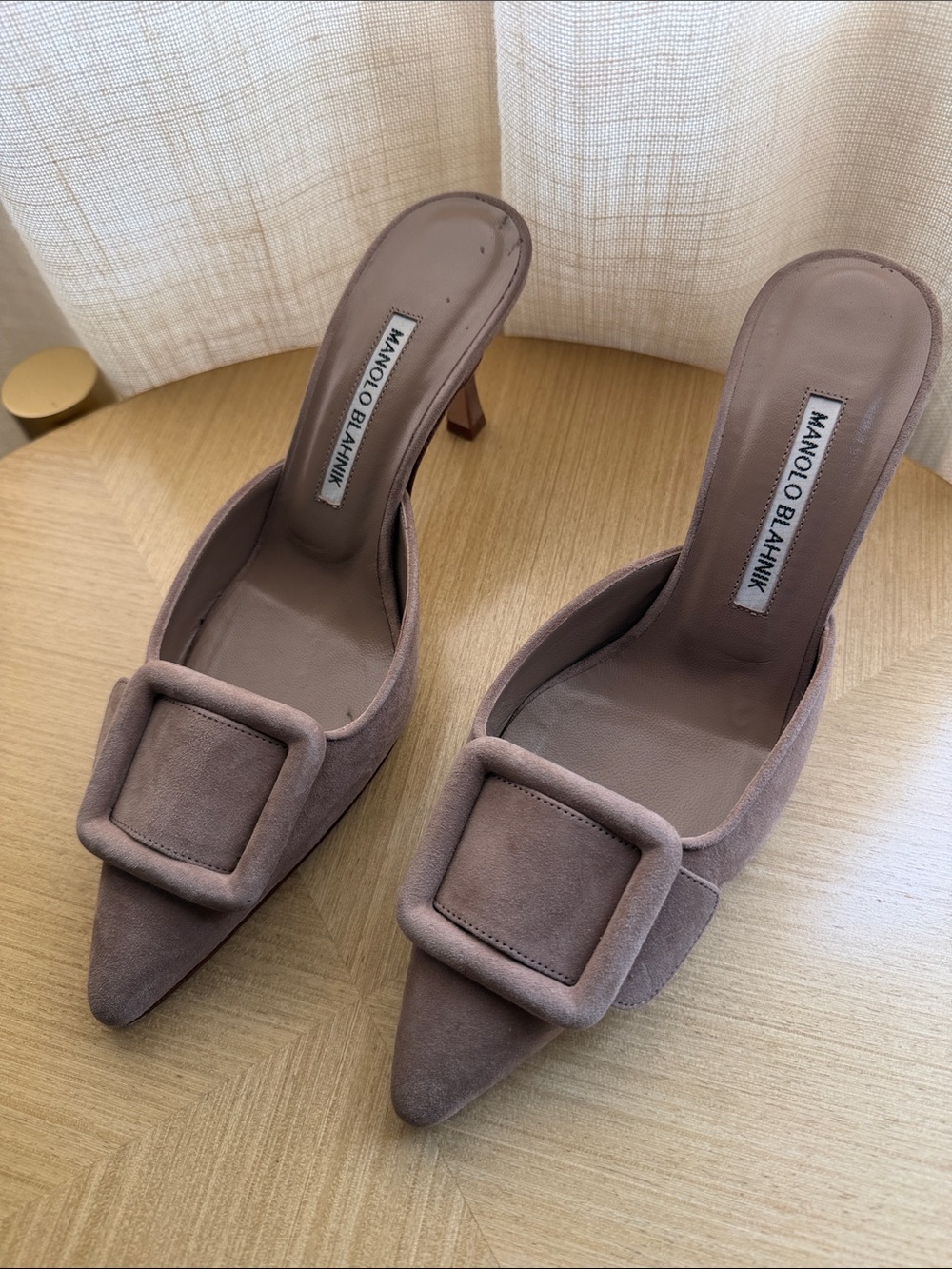 Manolo Blahnik Maysale Buckle Mule Taupe Suede Pointed Toe Heels